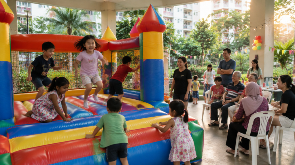 Children and families enjoying a bouncy castle at a Singapore community party during the December school holidays