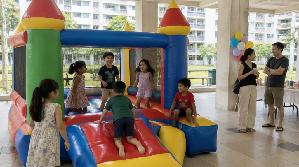 Asian children playing on a colourful bouncy castle at an HDB void deck birthday party in Singapore