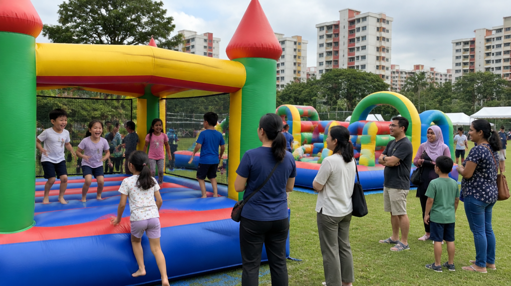 Families watching a bouncy castle and an inflatable obstacle course set up together at a Singapore community family day