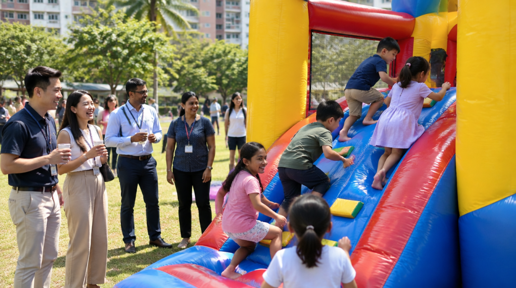 Asian parents and children playing on a bouncy castle at a corporate family day event in a Singapore park