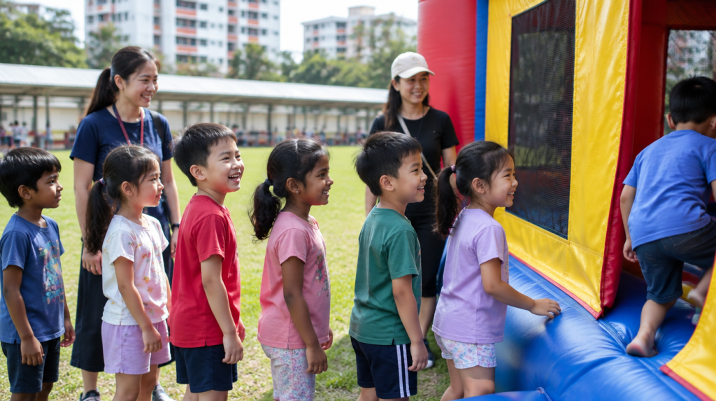Asian primary school pupils queueing to bounce on an inflatable bouncy castle at a school carnival in Singapore
