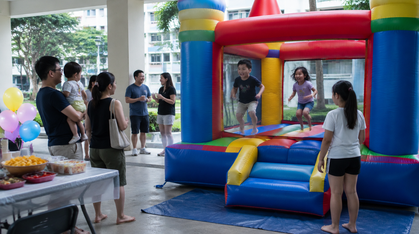 Asian children of different ages bouncing and waiting their turn at a colourful bouncy castle at an HDB void deck birthday party in Singapore
